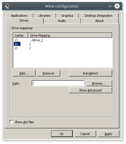 Wine configuration select drive D