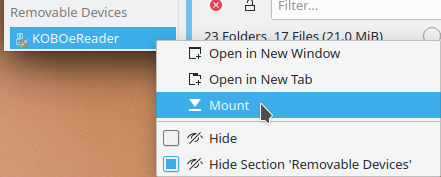 Kubuntu 20.04 Dolphin with KOBOeReader 'not mounted' Shown on left-hand-side