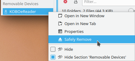 Kubuntu 20.04 Dolphin with KOBOeReader 'Safely Remove' Shown on left-hand-side