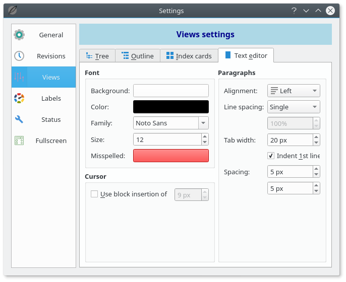 Manuskript Settings - Views Text Editor