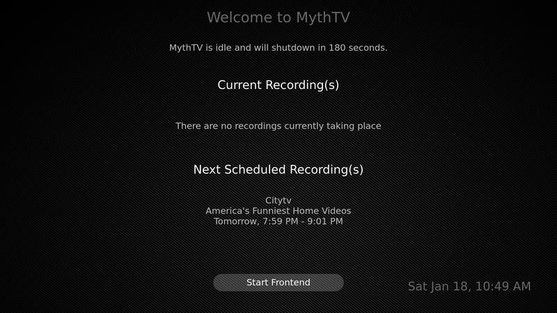 Mythwelcome status screen with no recordings in progress