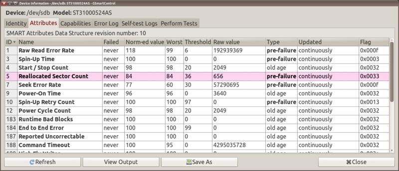 GSmartControl Attributes tab with failing drive statistics