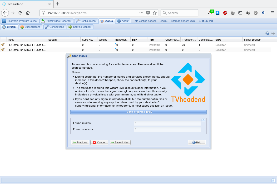 Tvheadend Scan status